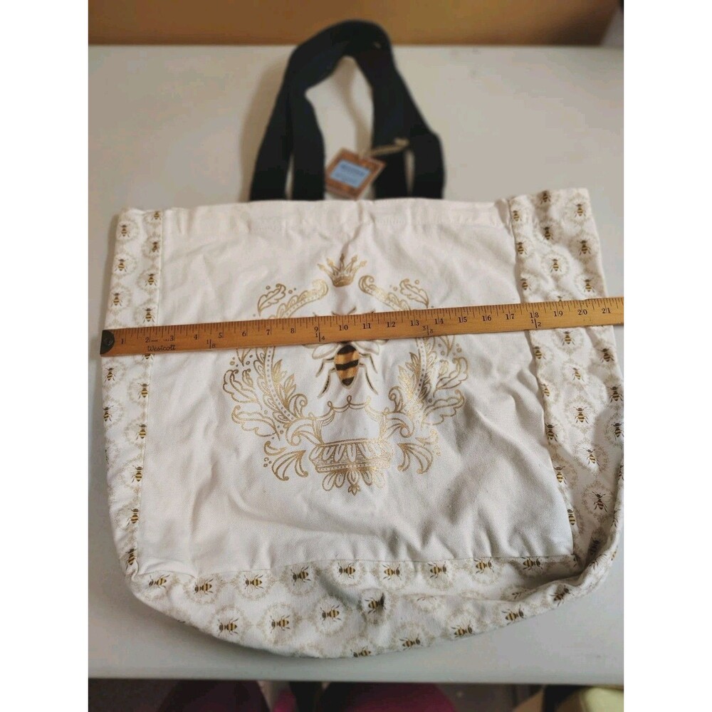 NWT Begonia Market Queen Bee Canvas Tote Bag Gold Metallic Honeycomb Reusable - Picture 7 of 12